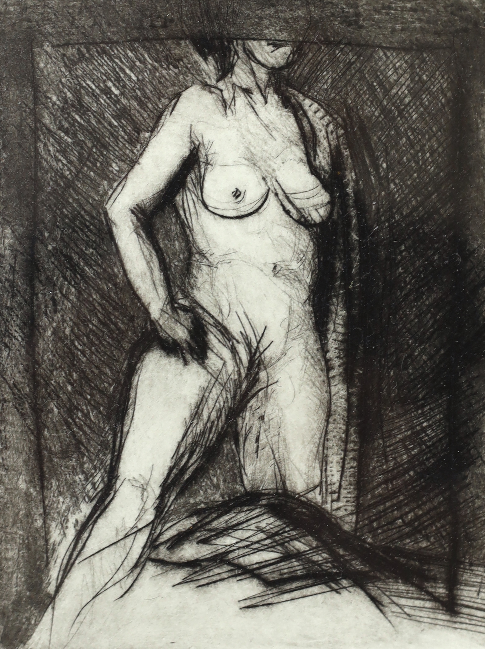 Barry Ebner (Contemporary) etching, Nude female, embossed blind stamp for B.a.D. San Diego, limited edition 3/7 signed in pencil, whole leaf 19.5cm x 11cm